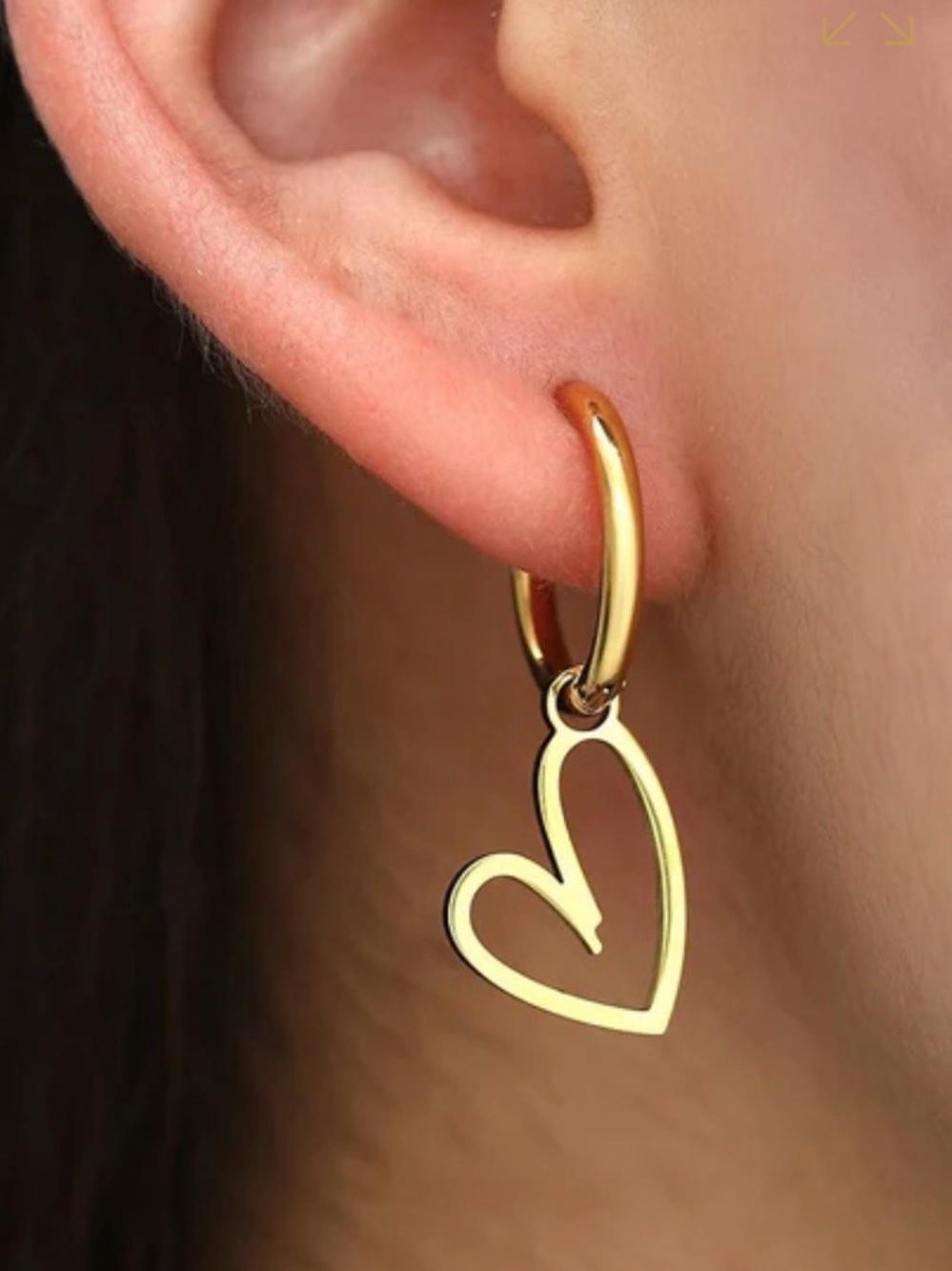 Gold Heart Hoop Drop Earrings - Stainless Steel - Picture 7 of 8